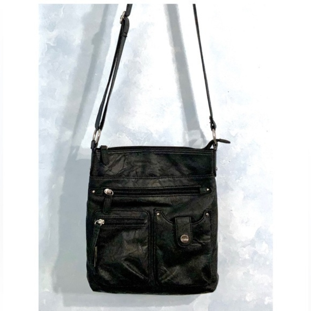 Rossetti Black Faux Leather 10”X12” Medium Crossbody Purse~Pockets